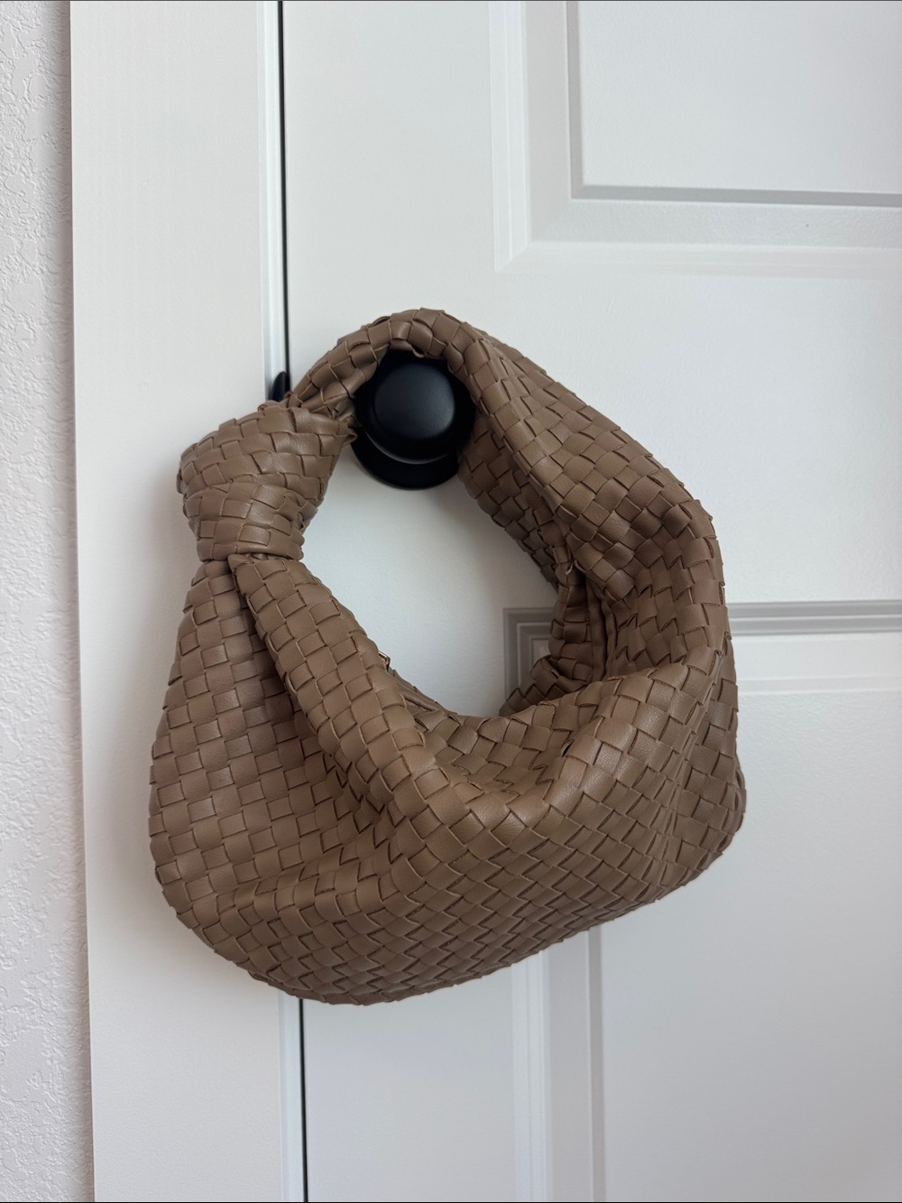 Woven Knot-Handle Shoulder Bag in Taupe